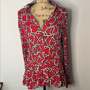 NWT Ninety Red and White Geometric Blouse